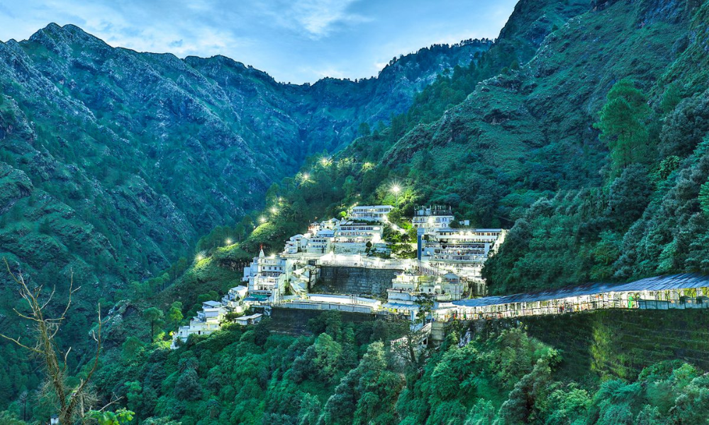 Vaishno Devi Temple Katra night view with illuminated shrine in Trikuta hills